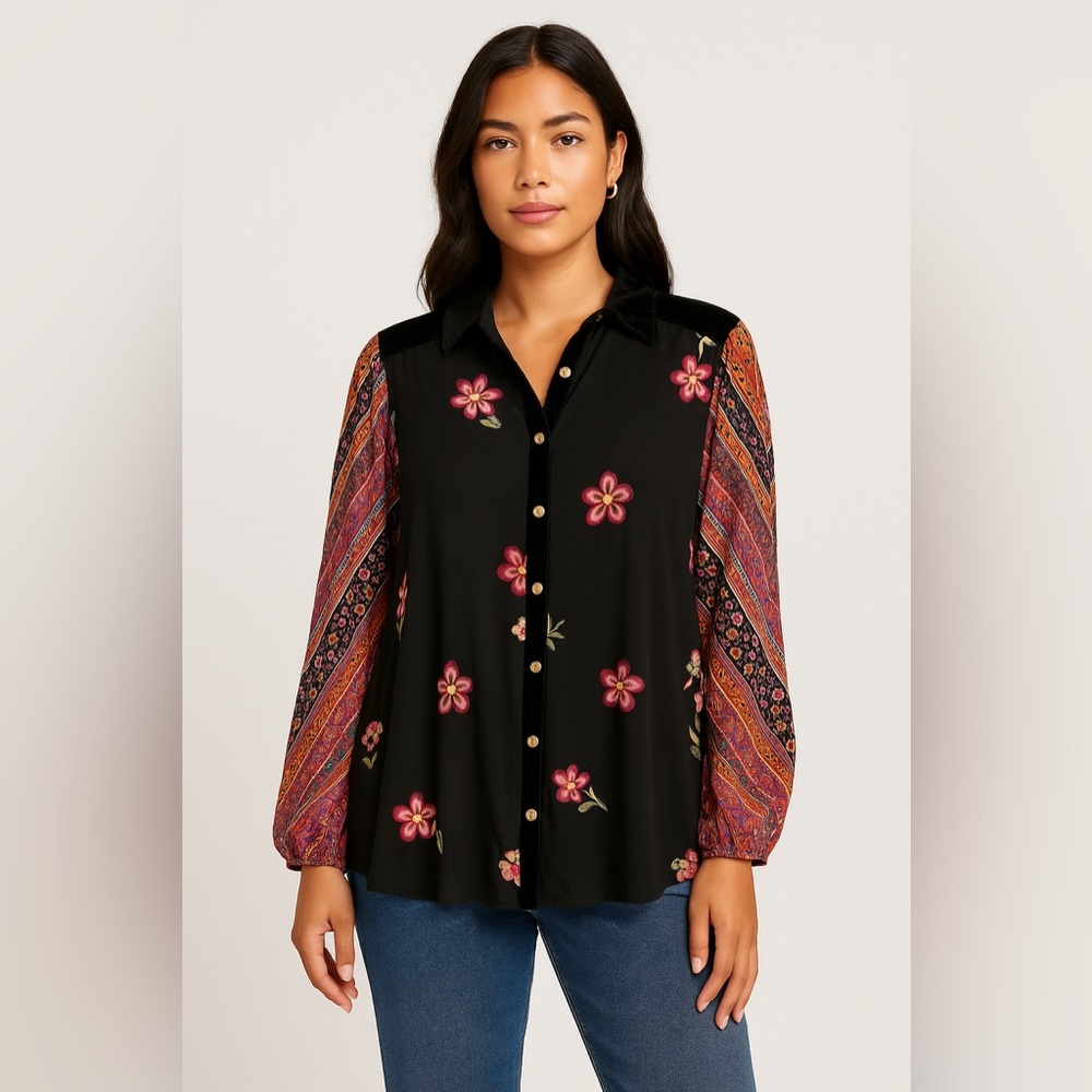 John Mark Black Floral Button-Front Blouse with Patterned Long Sleeves